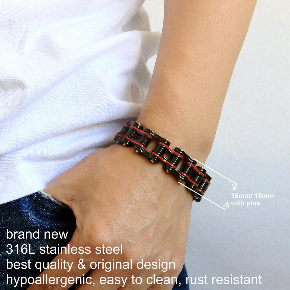 Pulseira masculina corrente de motocicleta de aço inoxidável preta vermelha sólida 9 polegadas (L) - Imagem 2 de 4