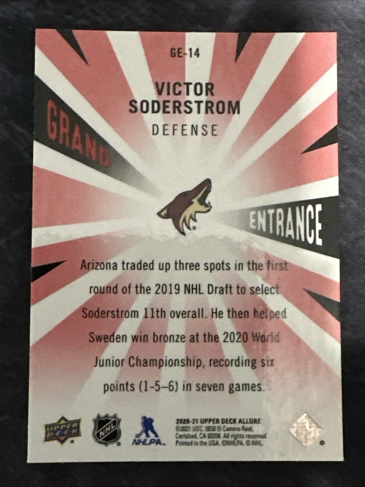 2020-21 Upper Deck Allure Grand Entrance GE14 Victor Soderstrom Arizona Coyotes - Image 2 of 2