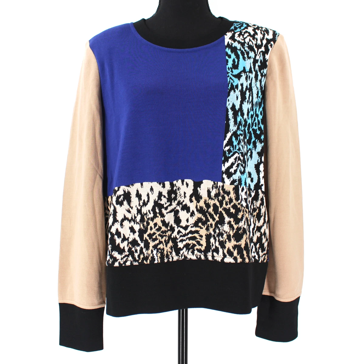 St. John Color Block Wool Sweater Snakeskin Print Pullover Sweatshirt Top Large