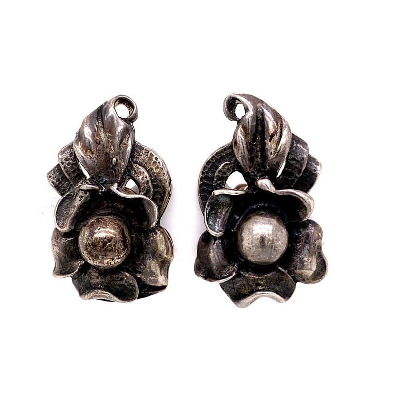VTG Sterling Silver French Screw-Back Floral Earrings Non-Pierced Estate Jewelry