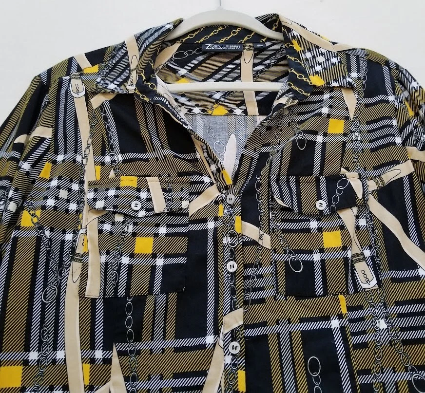 Camisa abotonada New York & Company para mujer grande L a cuadros cinturones cadenas manga 3/4 Foto 2 de 4