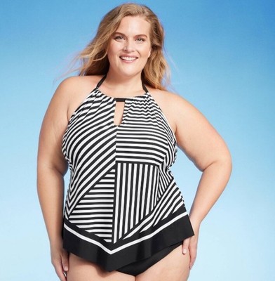 Kona Sol Women's Striped High Neck Tankini Swimsuit Halter Figure Flattering 3X