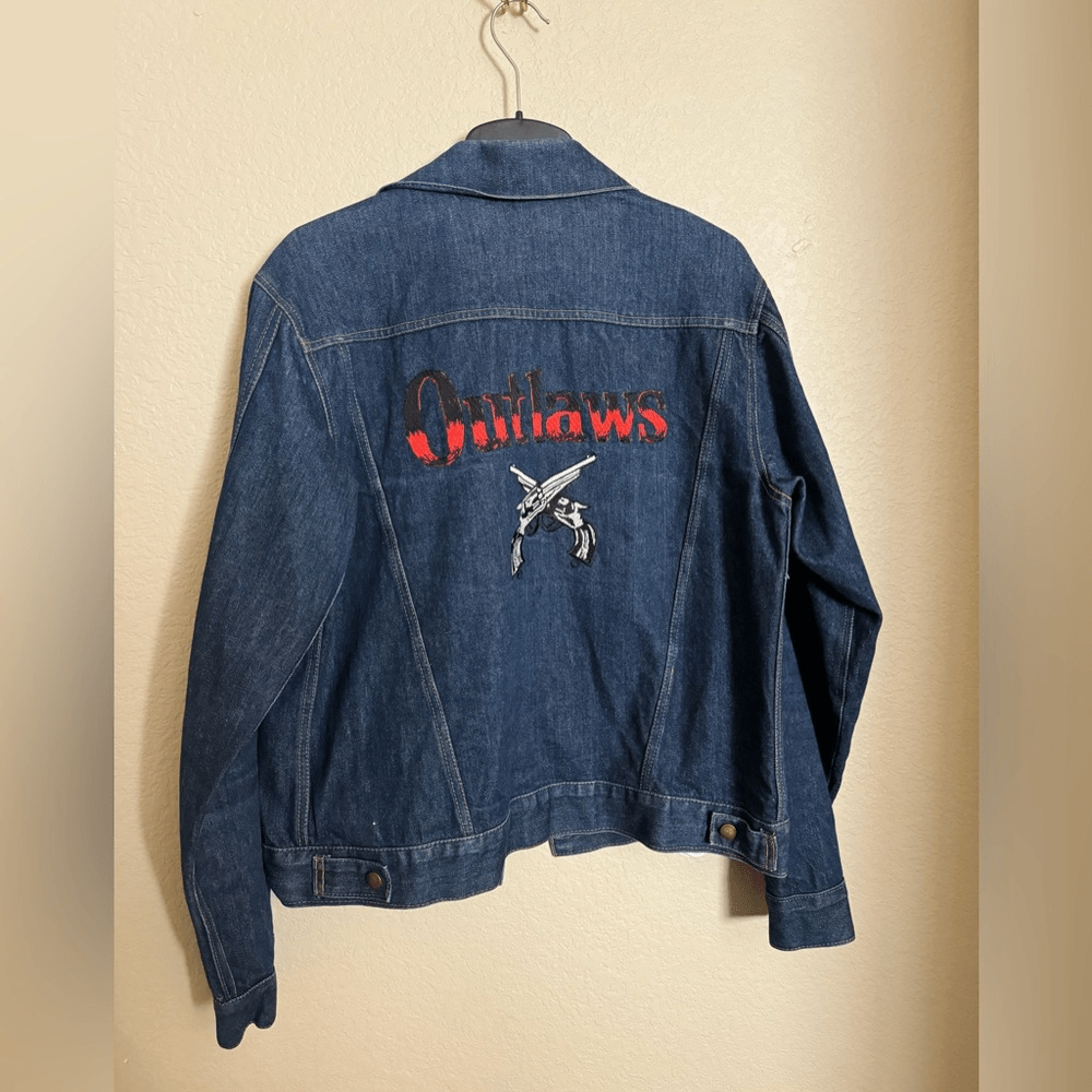 Vintage Outlaws Graphic Denim Jacket Size Large Boxy Fit UK