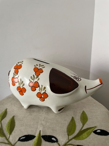 VINTAGE 1970s ARTHUR WOOD hand painted floral ceramic pig piggy bank stopper MCM