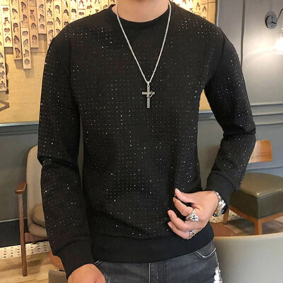 New Men Luxury Diamond Rhinestones Fashion Black Pullover High Quality