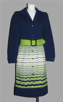 VTG R & K Knits Lime Green Navy Chevron Stripes Belted Button Dress Wm's M/L USA