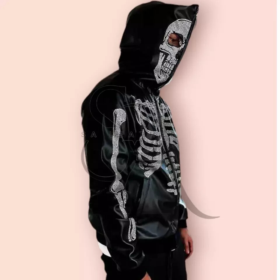 Men's Handmade Custom black full zip face hoodie Skeleton print