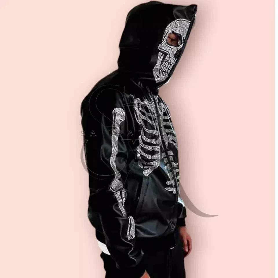 Men's Handmade Custom black full zip face hoodie Skeleton print leather hoodie