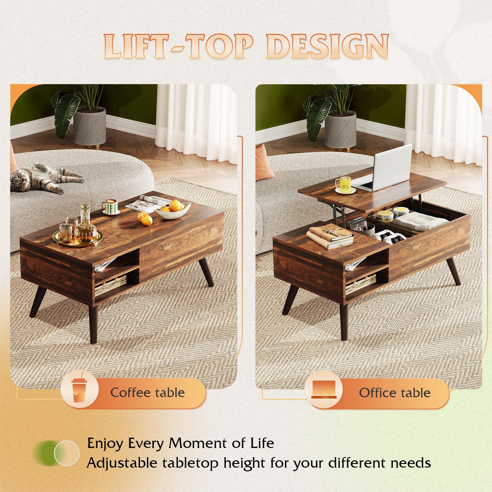 Lift Top Coffee Table for Living Room,Small Coffee Table with Storage, Adjust...