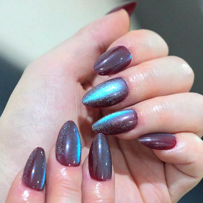 STILETTO SHORT *ICE & FIRE CAT EYE* Full Cover 24 Nail Tips Press On Glue Set!