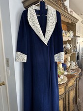 Vintage Vanity Fair Long Blue Robe with Lace Accents Size Large Made In USA