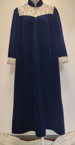 Vintage Vanity Fair Velour Lace Trim Zip Robe Navy Blue 70s USA XS Lounge