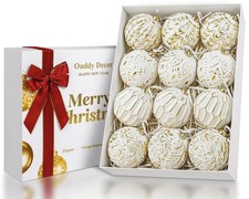 White and Gold Rustic Vintage Christmas Ornaments, 12 Pcs Farmhouse Neutral C...