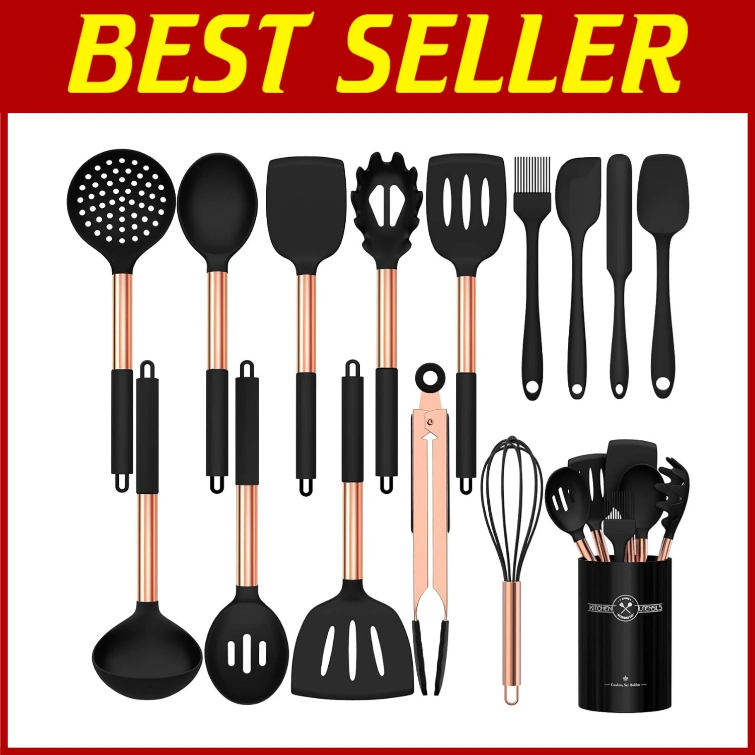 Non-Stick Silicone Kitchen Utensils Set - Rose Gold Handles