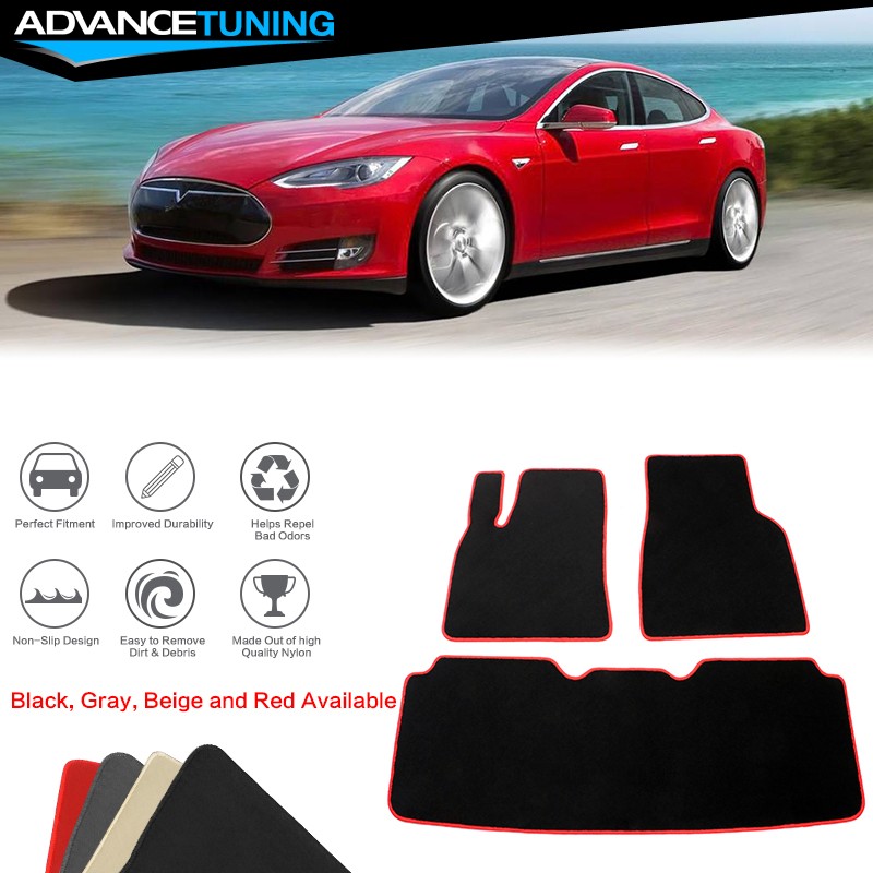 Fits 12-20 Tesla Model S Nylon Front Rear Floor Mats Carpet Black W/ Red Edge