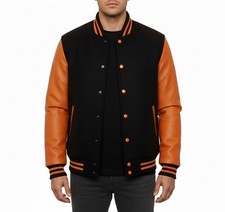 Varsity Letterman Black Wool Orange Cowhide Leather Retro Bomber Baseball Jacket