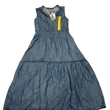 Lands' End Lyocell Tiered Midi Dress Blue Chambray Sleeveless V-Neck NWT Small