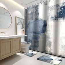 Bathroom Sets with Shower Curtain and Rugs Blue and Grey 4Pcs Abstract Modern