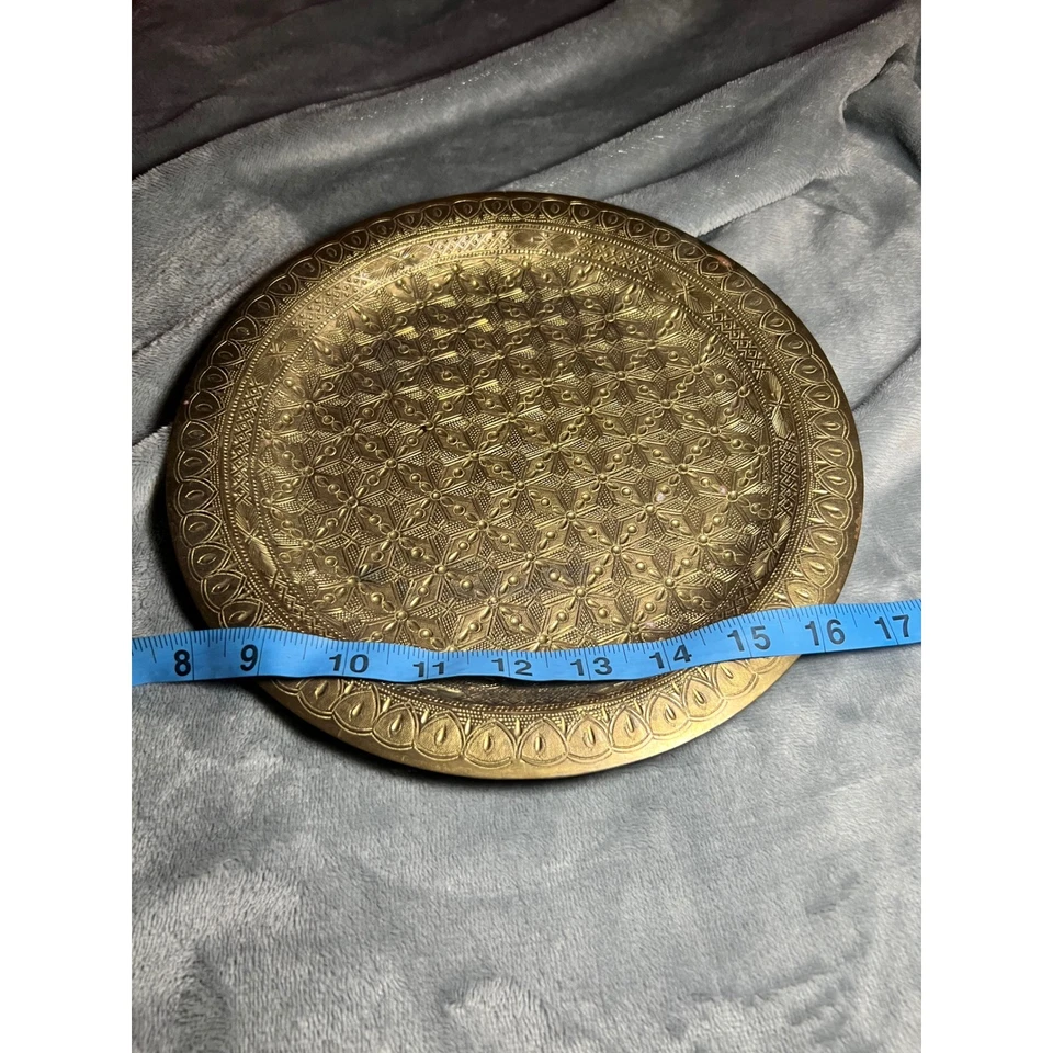 Signed Vintage Brass Tray 16" Floral Geometric Etching Middle Eastern Decor - Image 2 of 4