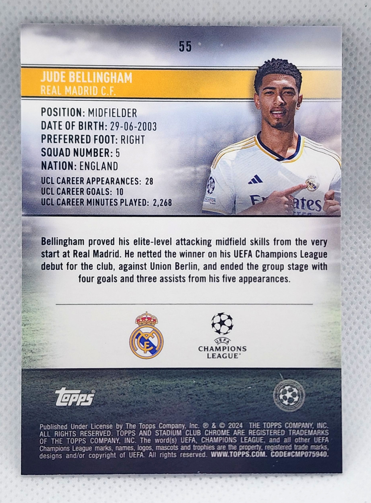 Jude Bellingham Purple Refractor /15 2023-24 Stadium Club Chrome UCL Real Madrid view 3
