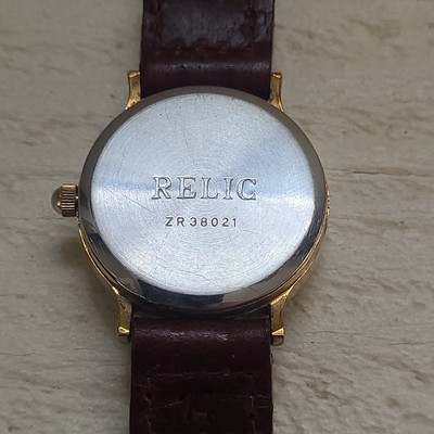 Vtg Relic ZR 38021 Skeleton Watch w Faceted Face Brown