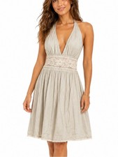 Halter Lace-Waist Flared Dress Light Gray/green fit flare Boho V-neck back tie S