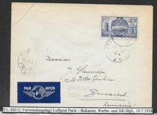 Yvert 400 (1er jour d'utilisation) Paris - Bucarest (Romanie), 1938, Par Avion