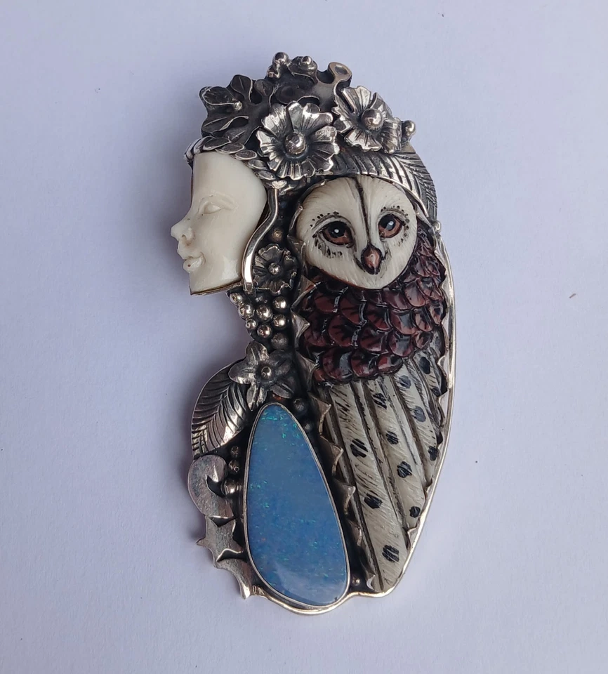 Colgante Diosa Búho Plata de Ley 925 Tallado Hueso de Búfalo Colgante Foto 4 de 4