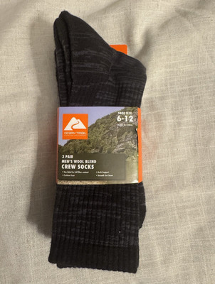 Ozark Trail 3-Pair Men's Wool Blend Crew Socks 6-12 Black/Gray Striped