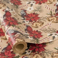 RUSPEPA Kraft Christmas Wrapping Paper Roll, 17 in x 16.4 ft, Cardinal Bird 