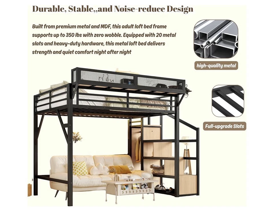 Cama Loft Completa con Almacenamiento Escaleras Estantes Armario Incorporado Metal Loft Cama Marco Foto 2 de 4