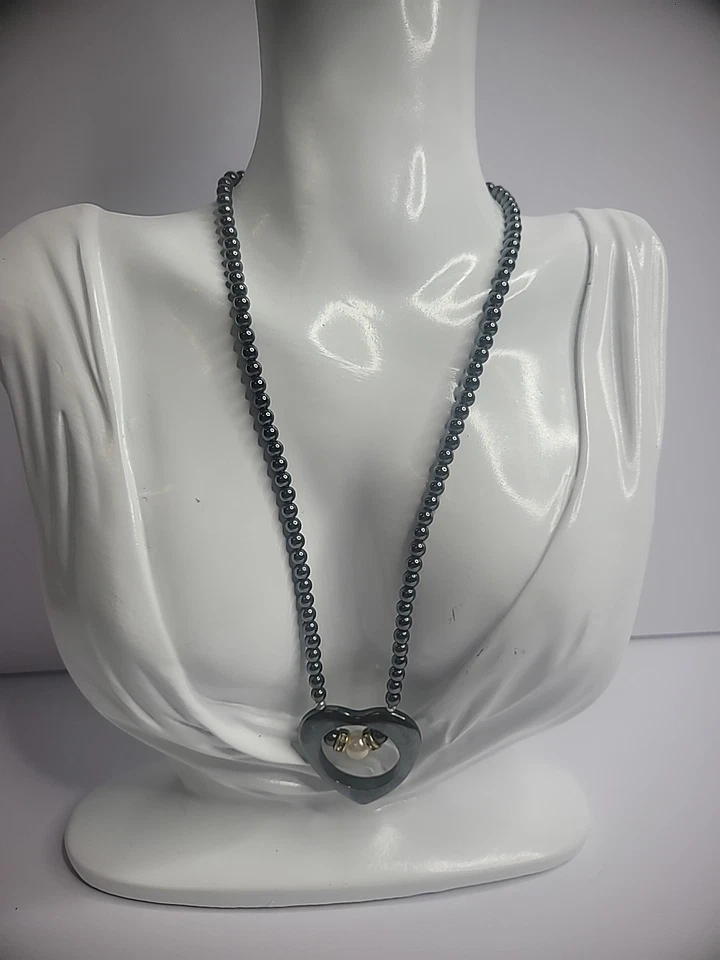 Collar de cuentas de acero inoxidable vintage colgante de corazón joyería con cuentas de cristal Foto 3 de 4