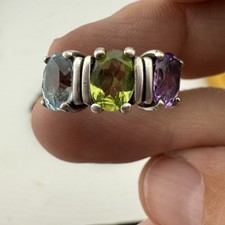 Sterling Silver Peridot Amethyst Blue Topaz Three Stone Ring Size 5.25