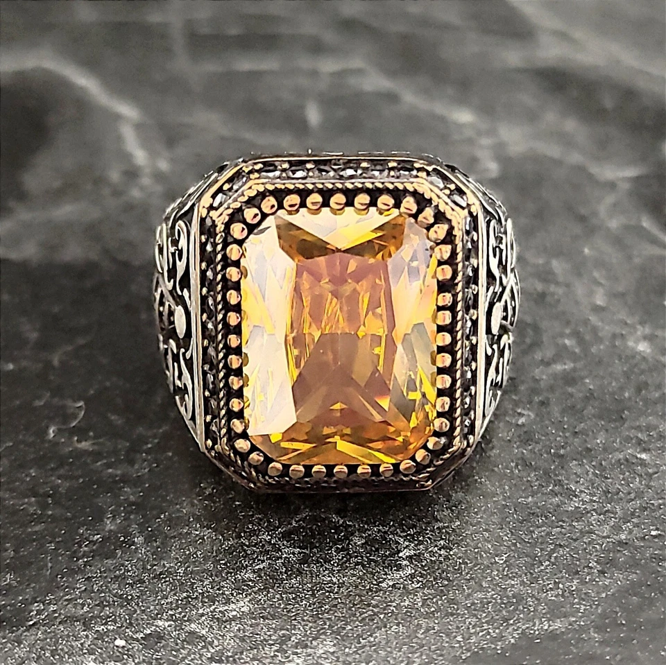 Мужское серебряное кольцо с желтым цирконием, серебряное кольцо с ярко-желтым драгоценным камнем - Изображение 2 из 4