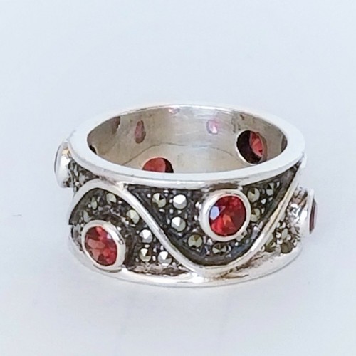 Judith Jack Ring Sterling Silver 925 Garnet Marcasite Ornate Band Womens 6 1/4