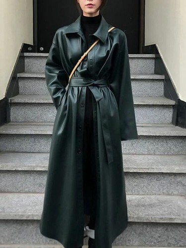 Womens Green Leather Trench Coat 