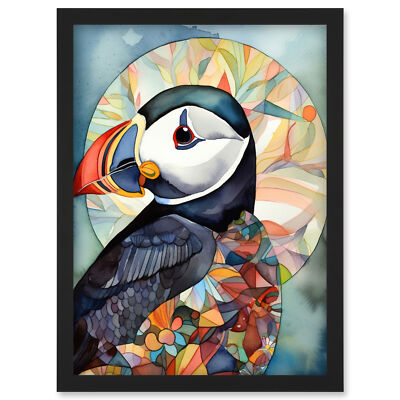 Puffin Bird Portrait Modern Folk Art Framed Wall Art Picture Print A4
