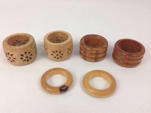 Lot of 6 Assorted Misc Wooden Napkin Ring Holder Wood Circle Round Shapes 