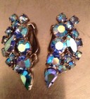 Marquis & Round Rhinestone Prong Set Ice Blue Clip On Earrings 1.5" Stunning Vtg