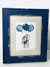 Elephant Baby Blue Balloons Watercolor Painting Signed blue wood frame 13x10.5