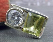 Squared Geometric 925 Sterling Silver Ring with Clear  Yellow Stones