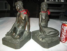 ANTIQUE KBW LG BRONZE CLAD ART DECO NUDE LADY BUST ART STATUE SCULPTURE BOOKENDS