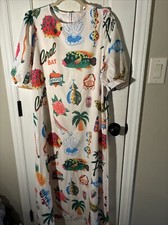 X &Z Tropical Beach Print Polyester Midi Dress Puffed Sleeves Pockets Large