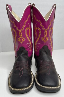 Old West Girls Leather Cowboy Boots Square Toe Pink Brown Orange