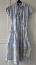 Zara Blue Stripe Cotton Broderie Anglais Cutwork Embroidery Midi Shirt Dress M