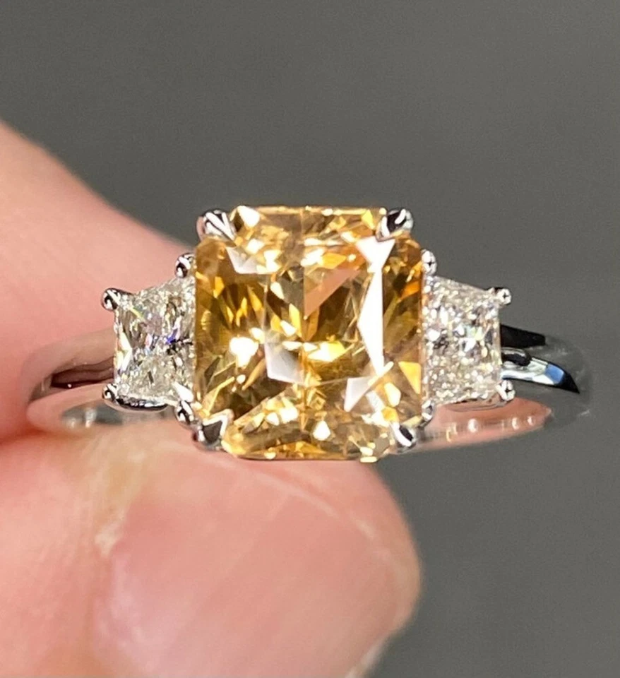 Anillo de zafiro naranja de corte radiante de diamantes creado en... - Imagen 2 de 4