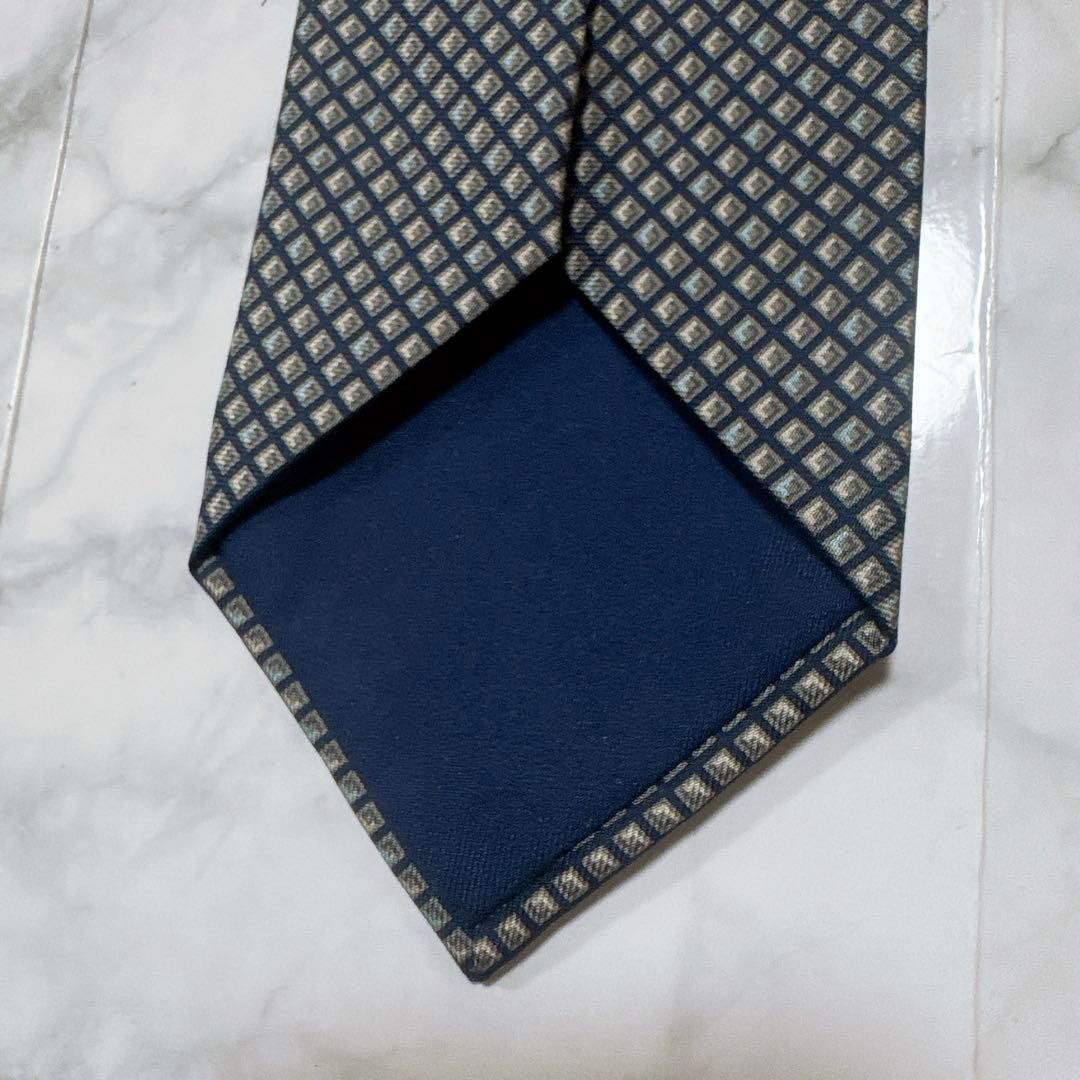 Hermes Necktie Navy Gray Square Pattern Near Used… - image 12