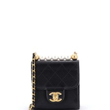 Chanel Black Calfskin Leather Quilted Pearl Decorated Mini Flap Chain Crossbag