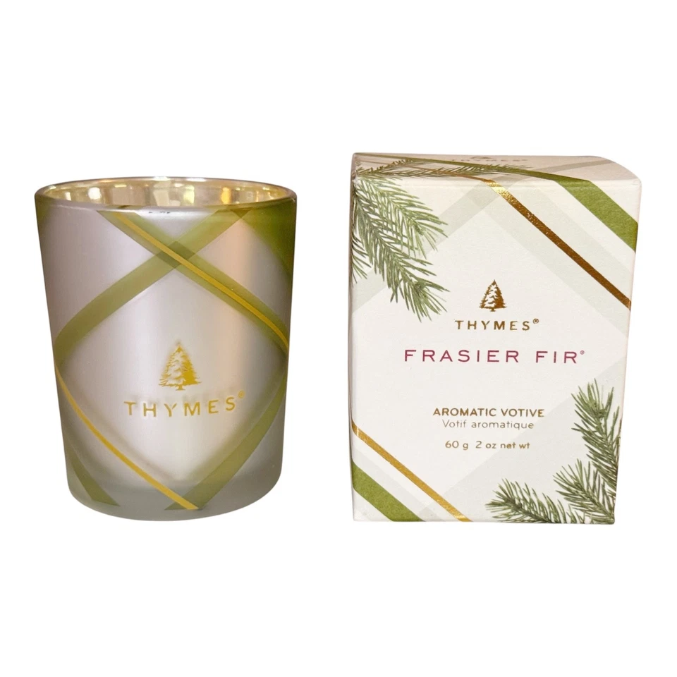 Thymes Frasier Fir Votive – Frosted Plaid Coll. Green Gold & White Glass Jar NEW - Image 2 of 4