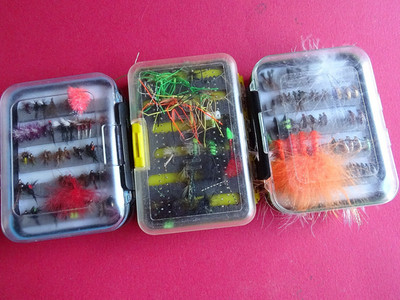 3 DOUBLE SIDED FLY FISHING BOXES  + COLLECTION OF ARTIFICIAL FLY LURES